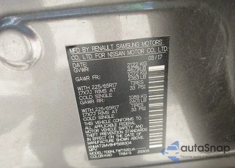 2017 Nissan Rogue Sv z USA, uszkodzony, nr VIN KNMAT2MV8HP568304